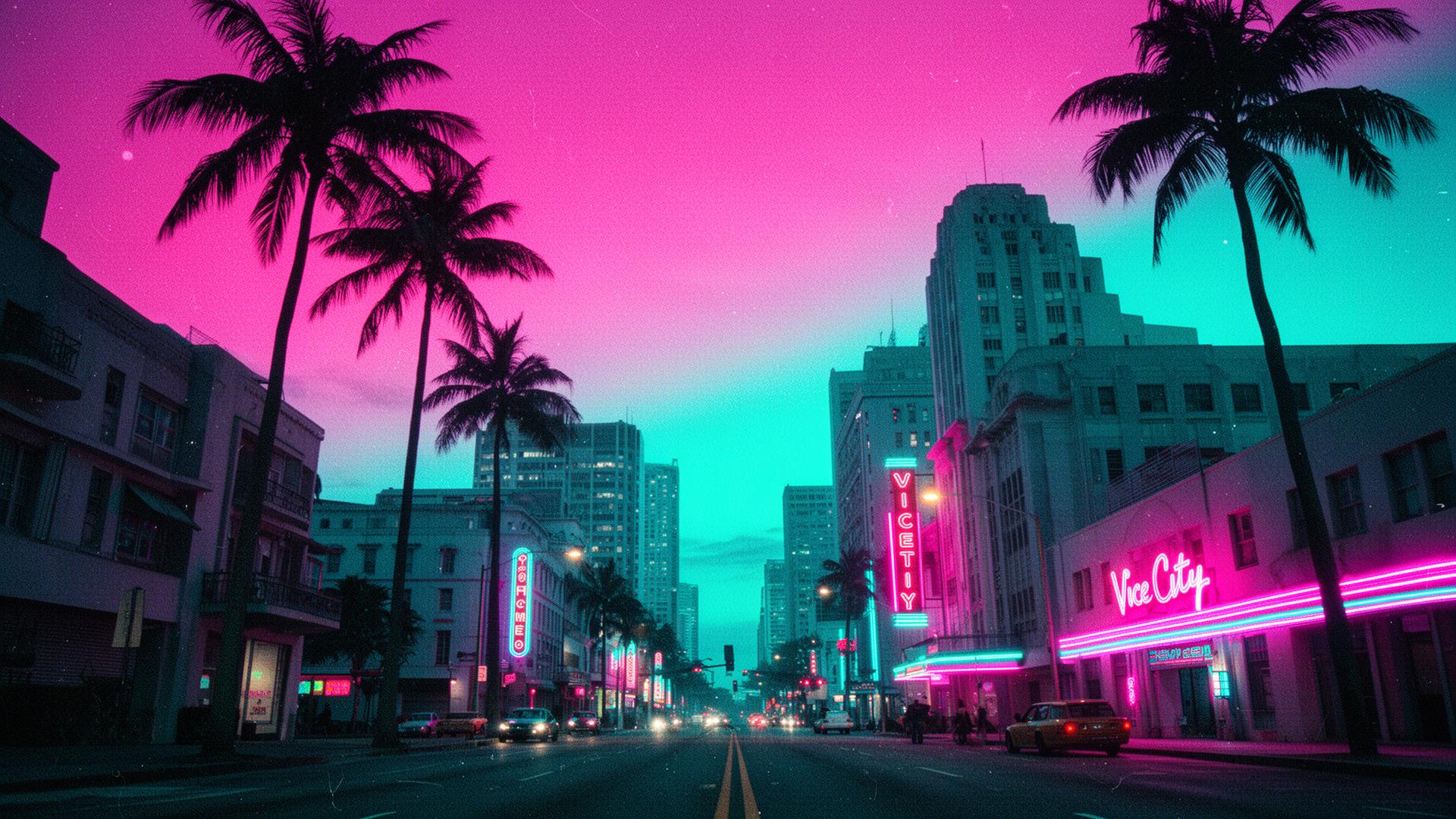 Neon Vice City skyline at dusk